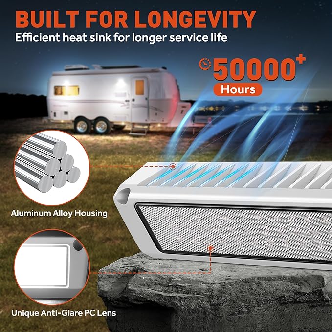 LED RV Exterior Porch Utility Light White Waterproof 10-30V DC Low Current 9" Lighting Fixture 54W 2000LM Aluminum Base led Scene Lighting for RV, Trailer, Camper(6000K Nature White)