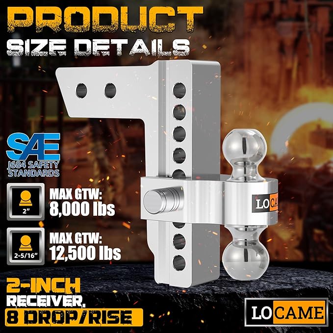 LOCAME Adjustable Trailer Hitch, Fits 2-Inch Receiver, 8-Inch Drop/Rise Aluminum Drop Hitch, 12,500 LBS GTW-Tow Hitch for Heavy Duty Truck with Double Stainless Steel Locks, Silver, LC0004