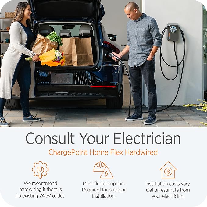 ChargePoint HomeFlex Level 2 EV Charger J1772 - Fast Smart Battery Power Charging at Home for Electric Automobile Vehicles - Hardwired for Electric Car