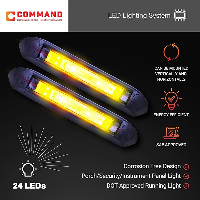 Command Electronics 12V LED Exterior Extruded Porch Light – Surface Mount Utility – IP67 Rating OEM RV, Camper, Bus, Truck, & Trailer – 8"x1.4"x1.4" – Black Case/Amber Light 2-Pack