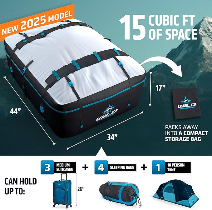 Rooftop Cargo Carrier - 15 Cubic Feet (L), Waterproof Soft Shell Car Roof Cargo Carrier, Heavy Duty Car Top Luggage Cargo Bag with Patented Door Hooks and Non-Slip Mat