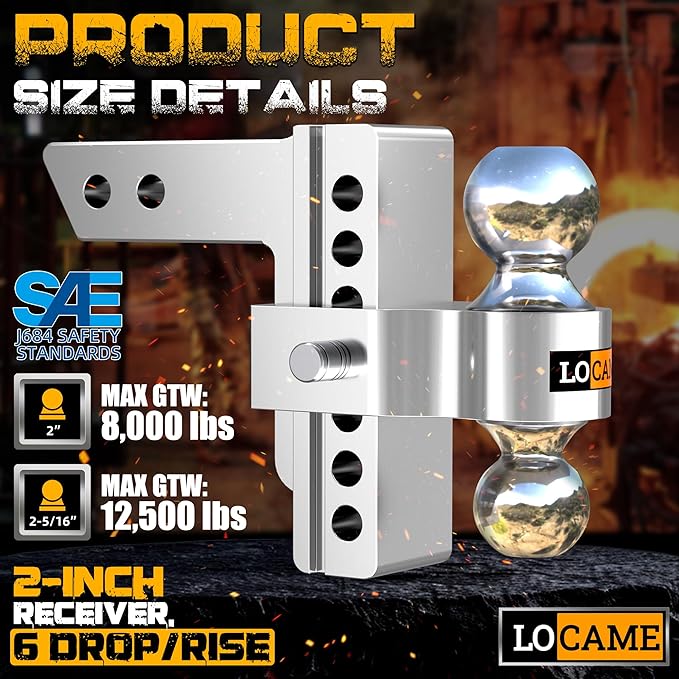 LOCAME Adjustable Trailer Hitch, Fits 2-Inch Receiver, 6-Inch Drop/Rise Aluminum Drop Hitch,12,500 LBS GTW-Tow Hitch for Heavy Duty Truck with Double Stainless Steel Locks, Silver