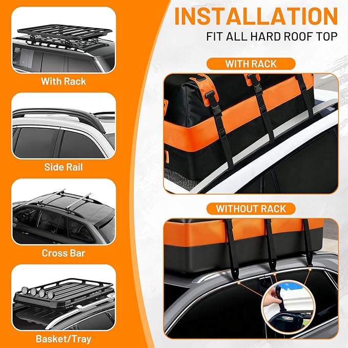 Car Rooftop top Cargo Carrier 21 Cubic feet 100% Waterproof Heavy Duty PVC for All Cars with/Without Rack, Includes Anti-Slip Mat, 10 Buckle with Straps, 6 Door Hooks, Luggage Lock