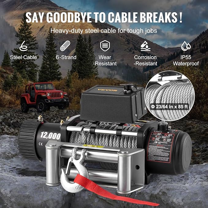 VEVOR Truck Winch 12000lbs Electric Winch 85ft/26m Steel Cable 12V Power Winch Jeep Winch with Wireless Remote Control and Powerful Motor for UTV ATV & Jeep Truck and Wrangler in Car Lift