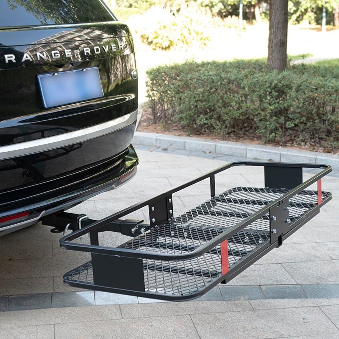 500LBS Folding Hitch Mount Cargo Carrier Basket 60x20x6” with 58x24x19 Waterproof Bag Rear Luggage Rack Basket, Hitch Mount for 2" Receivers, Powder Coating, Heavy Duty, Durable, Easy Assembly