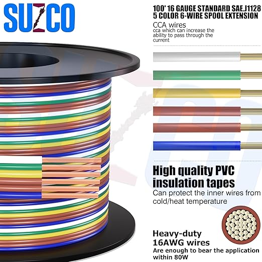 SUZCO 100Ft Enough 16AWG CCA【2-Brown-Wires】 5 Color-Coded 5-Way 6-Wire Bonded Trailer RV Camper Towing Hitch Wiriing Spool, 6-Flat Wishbone SAE J1128 for All Basic Wire Trailers