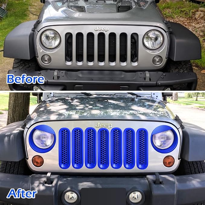Front Grille Mesh Inserts & Headlight Cover for Jeep Wrangler JK JKU Sport Freedom Rubicon Sahara Unlimited 2007-2018 Exterior Accessories Clip-in Grille Guard Headlight Bezels Trim (Matte Blue)