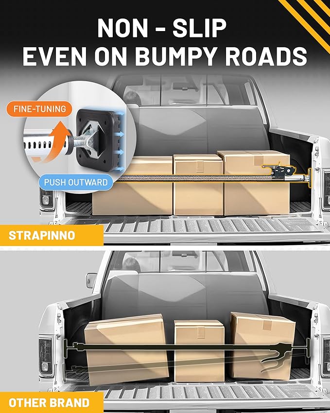 Strapinno - Ratcheting Cargo Bar 44"-74", Non-Slip Truck Bed Divider, Easy Setup, Strong 1.25" Tube, Adjustable Stabilizer for Pickup Trucks