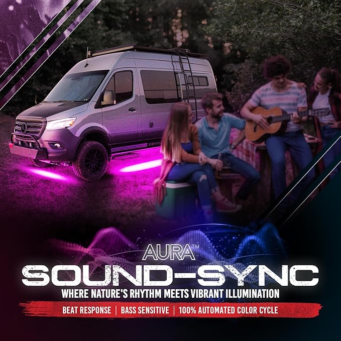 OPT7 Aura Aluminum Underglow for RV Exterior Lights w/Remote Control, 12V LED Waterproof Light Bars, Camper Van Neon Underbody Music Lighting Kit, RGB Multicolor Motorhome Travel Trailer Decoration