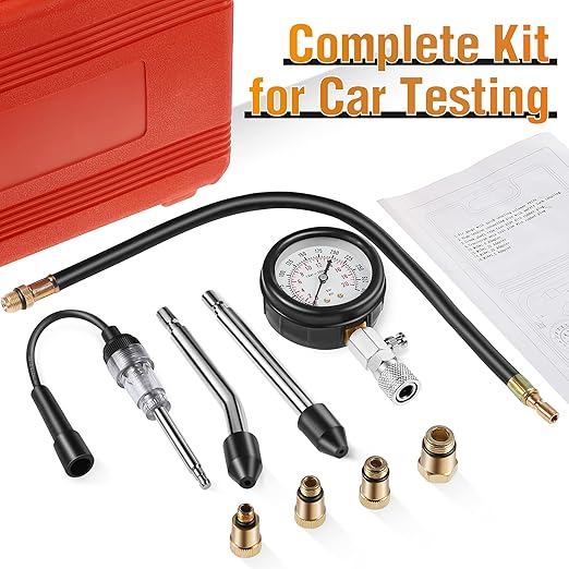 9 Pieces Automotive Compression Tester Kit and Spark Plug Tester, Universal Car and Motorcycle Engine Testing Tools for Cylinder Pressure Gauge (Red)