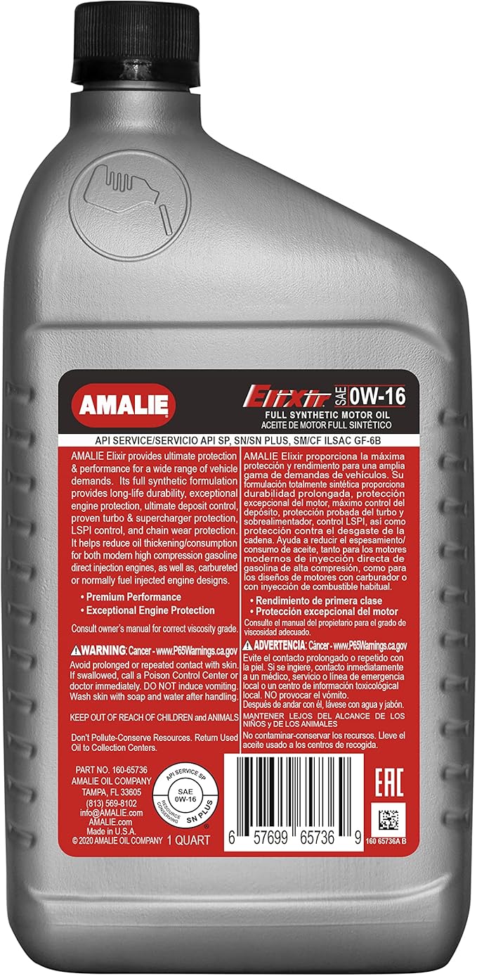 AMALIE Elixir 0W-16 Full Synthetic Motor Oil (160-65736-56) 1 Quart Bottle, Pack of 12 | Made in USA