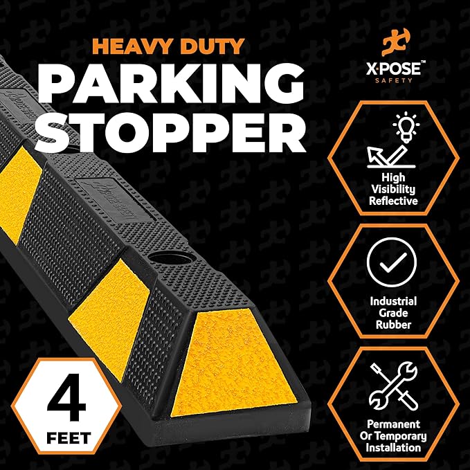 Xpose Safety 48" Heavy Duty Rubber Parking Stopper – 2 Pack Wheel Blocks for Garage, Driveway, or Ramp – Car Bumper Stop with Yellow Reflective Strips – Removable Floor Mount