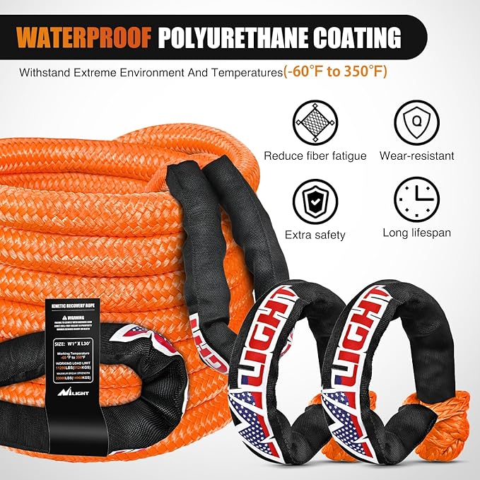 Nilight Kinetic Recovery Tow Rope Kit with 2 Soft Shackle 1" x 30ft Heavy Duty Offroad Tow Rope Snatch Strap Towing Strap kit (33,000LBS) for UTV ATV SUV Truck Car Jeep Tractor