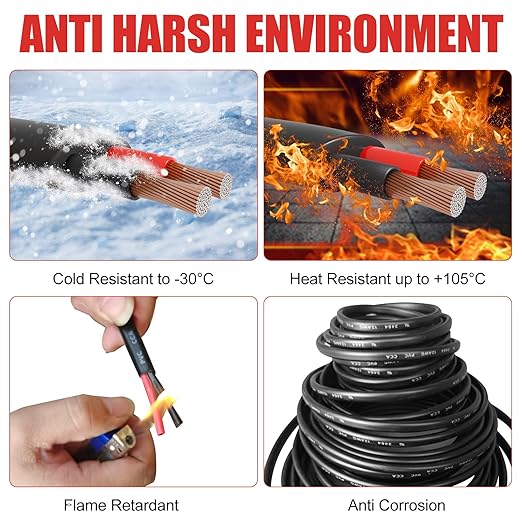 12 Gauge Wire 2 Conductor Electrical Wire, 12 AWG 3.3mm² Wire PVC Cord, 12V/24V DC Low Voltage/Copper-clad Aluminum(CCA)/Flexible/2 Wire for Automotive Wire LED Strips Lamp Lighting Marine(15.3M/50FT)