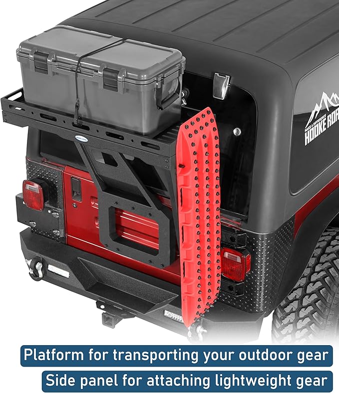 Hooke Road Tailgate Storage Basket Spare Tire Cargo Rack for 1997-2006 Jeep Wrangler TJ, Steel Luggage Carrier Tray with Reinforced Tailgate Hinge for Overlanding Camping Accessories
