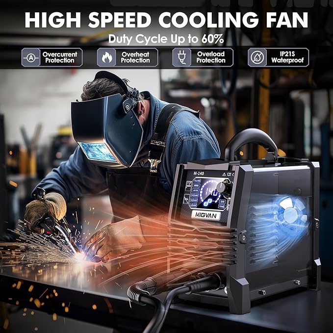 140A MIG Welder, MIGVAN 110V Flux Core MIG/Stick/Lift TIG 3 in 1 Welding Machine with Large LED Digital Display, IGBT Inverter Portable Gasless Welder with Welding Gun and Flux Core Wire
