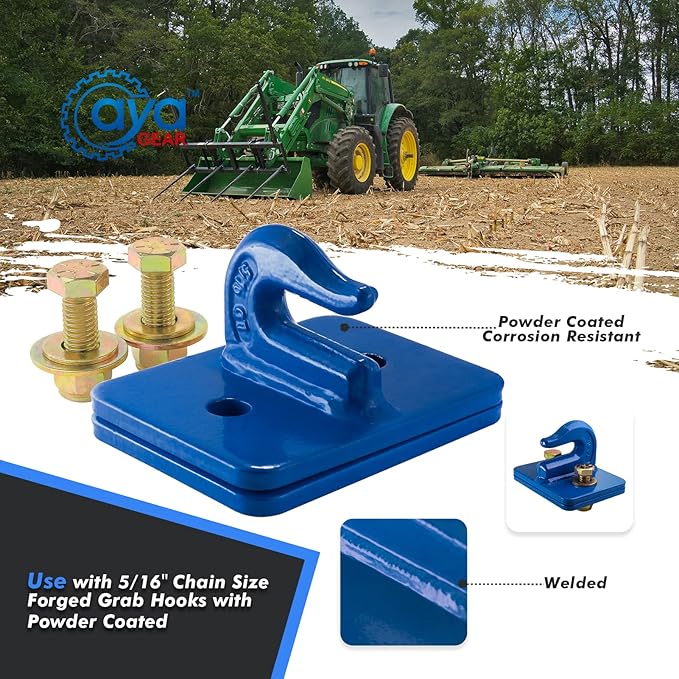 2 Pack 5/16-in Bolt On Grab Hook Mount with Backer Plate Grab Hook Grade 70 Forged Steel Tow Hook Work Well for Loader, Tractor Bucket, RV, UTV,Truck (Blue)