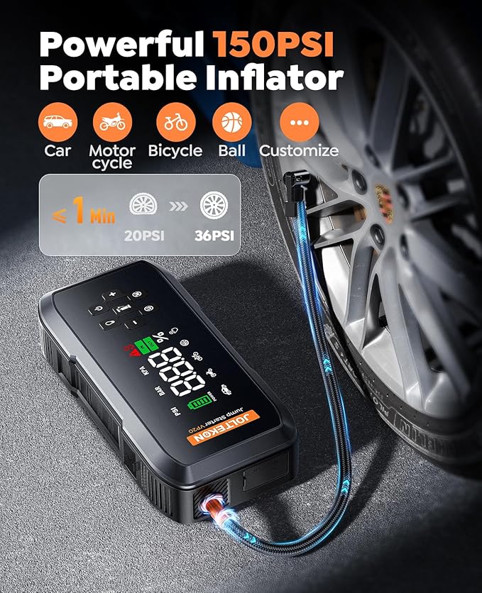 Car Jump Starter with Air Compressor 150PSI, 4500A Battery Jumper Starter Portable(9L Gas/8L Diesel), 12V Jump Starter with Auto-Pause Pump, Jump Box for Car Battery with 10-Safety Protection