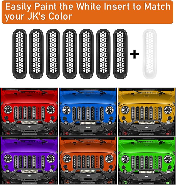 Hooke Road Matte Black Grill Inserts Front Mesh Grille Cover for 2007-2015 Jeep JK Wrangler & Unlimited Wrangler Accessories (7PCS Black + 1PCS White)