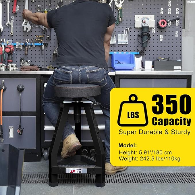 Adjustable Tall Shop Stool, Mechanic Garage Bar Stool Chair, Work Metal Chair for Workshop,360° Swivel Padded Seat, Tool Tray Storage, 350 LBS Capacity, Heavy Duty, Black