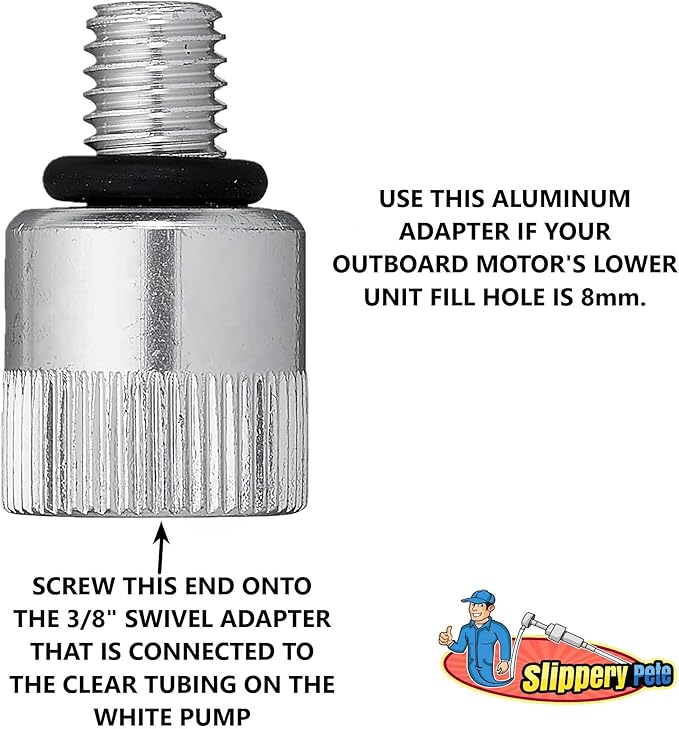 Slippery Pete - Lower Unit Gear Oil Pump for Standard Quart Bottles, Includes 3/8 inch Metal Swivel, 8mm and 10mm Adapters Fit Most Marine Boat Outboard Motors (NOT COMPATIBLE WITH VOLVO PENTA)