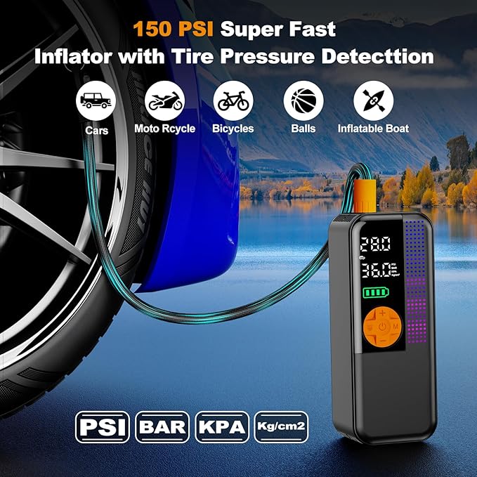 Jump Starter with Air Compressor,5500A Portable Car Battery Booster(All Gas & 10L Diesel) with 150PSI Cordless Auto Tire Inflator,15V Portable Car Battery Jump Starter Box with LCD Display LED Light