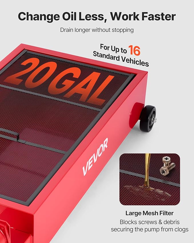 VEVOR Low Profile Oil Drain Pan, 20 Gallon Capacity, Rolling Oil Drain Pan with Manual Pump, 7.2 ft Hose & T Folding Handle, Leak-Proof & Corrosion-Resistant, Fit for Cars, SUVs, Trucks, ATVs, Red