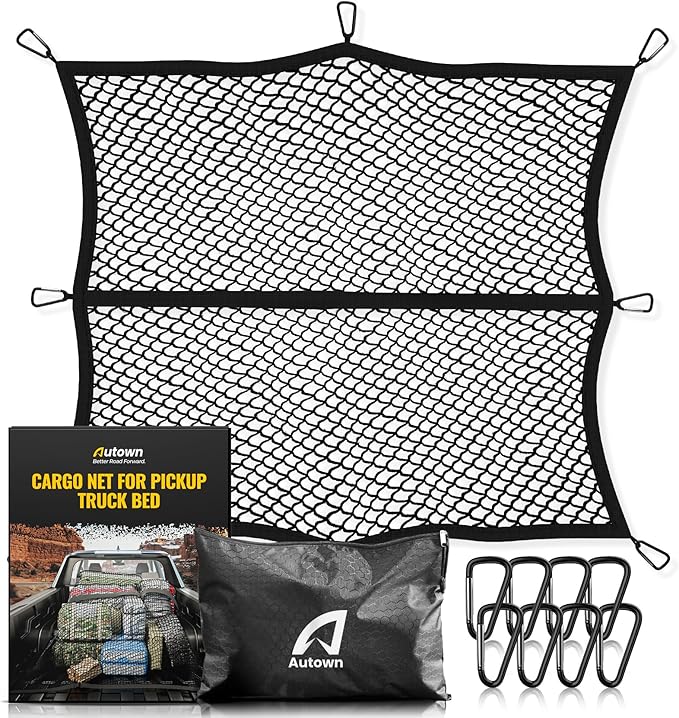 Cargo Net for Pickup Truck Bed - Stretchable 4'x4' to 7'x7', High Elastic Fine Mesh 1''x1'' with 8 Metal Carabiners - Ideal for ATV, SUV, UTV, Truck and Boat Use (Single Layer)