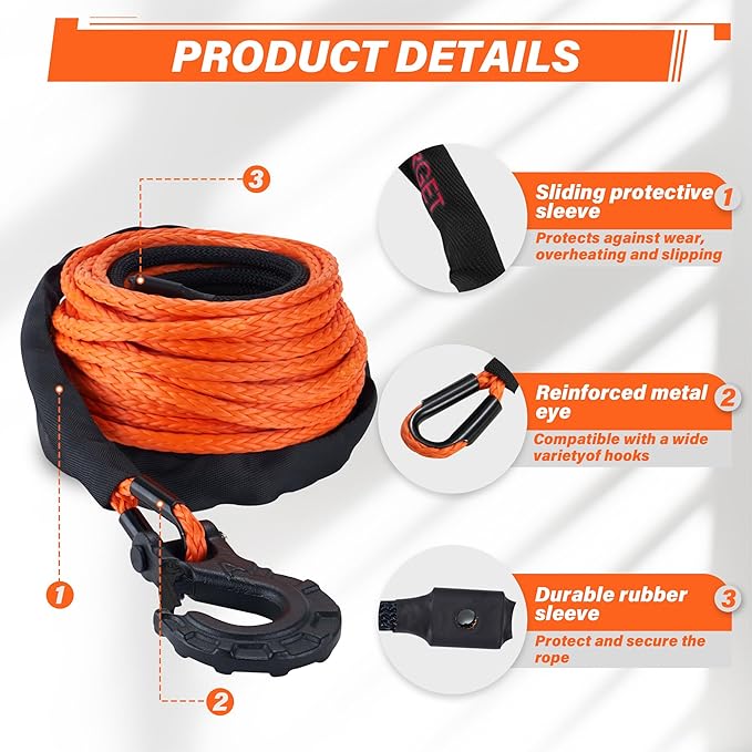 TYT Synthetic Winch Rope 3/8" X 92' with Hook, 27000LBS Synthentic Winch Cable Kit with Protective Sleeve for 4WD Off Road Vehicle Truck SUV Jeep (Orange)