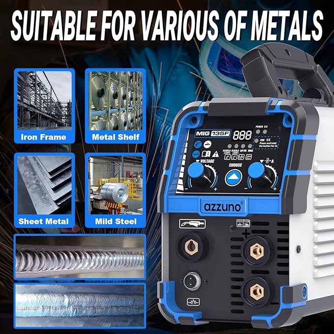 AZZUNO 135 Amp MIG Welder, 3 in 1 Multiprocess Welder 110V Flux Core Welder Flux MIG/Lift TIG/Stick Welding Machine Synergic Control IGBT Inverter Welder (volts, 110)