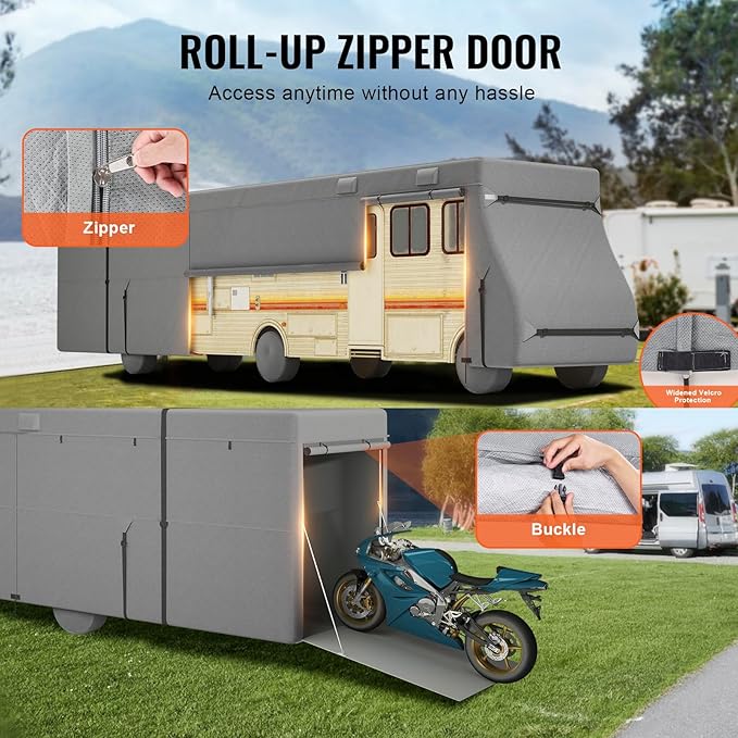 VEVOR Class A RV Cover, 40-43 ft Motorhome Cover, Non-Woven Fabric Motorhome RV Cover, Waterproof, Windproof and Rip-Stop, Camper Cover with Storage Bag, Repair Patches, Straps and Tire Covers
