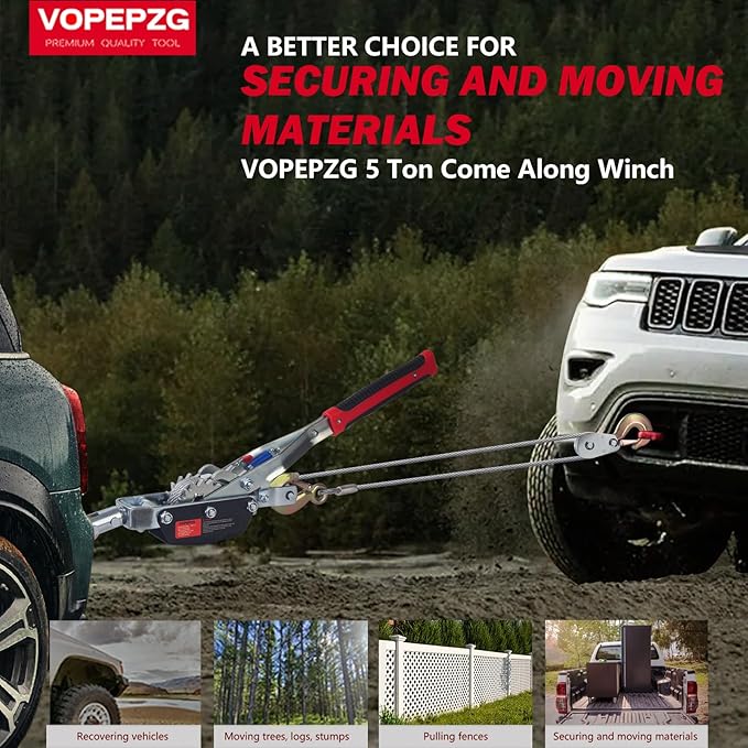Come Along Winch,5 Ton Capacity with 11.5FT Steel Cable,Heavy Duty Come Along Tool with Dual Gears,3 Hooks,Hand Winch Tool for Road Vehicle Recovery and Pulling Tree,Fence Stretcher,Frame