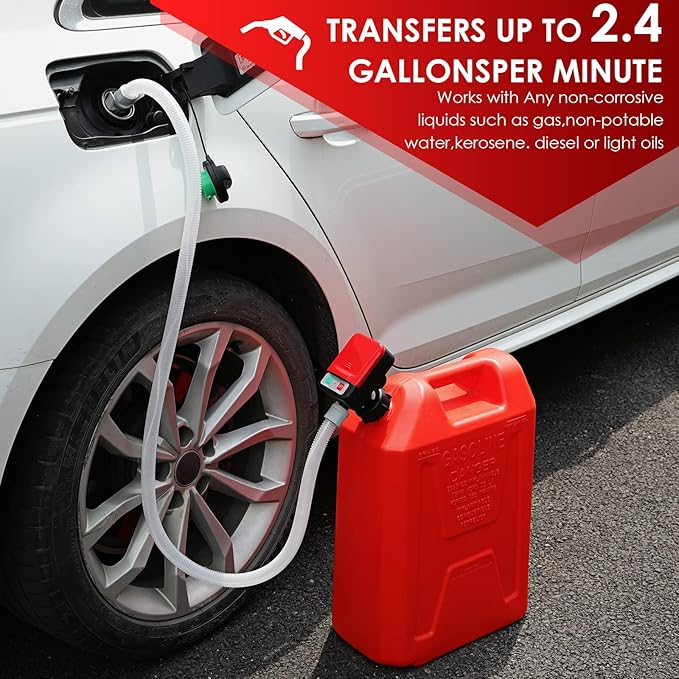 FPOWER Automatic Fuel Transfer Pump - AA Battery Powered, Gas Pump With Quick Flow Control & Stop, Extra Long Hose, Portable for Oil, Diesel, Gasoline