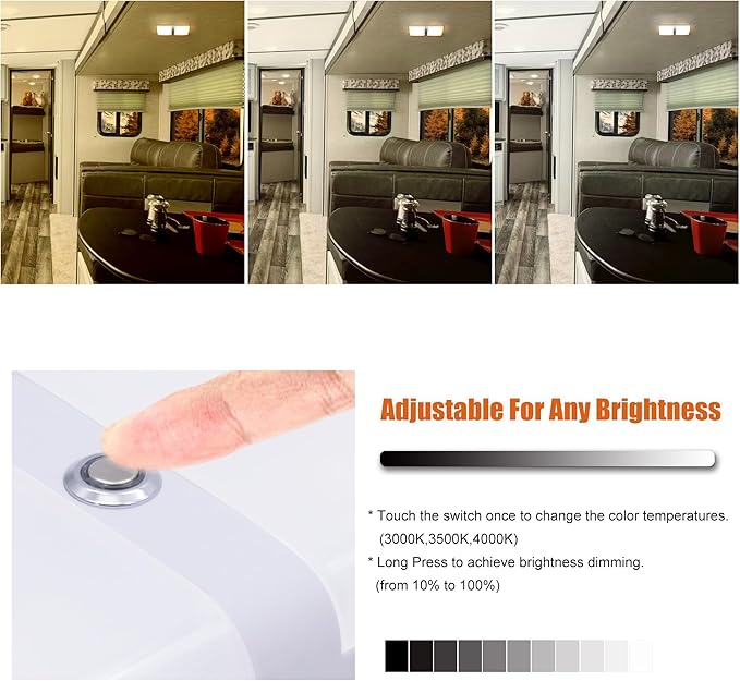 Facon LED 12V RV Interior Lights with Touch Dimmable Switch, Double Dome Light 12W 1000LM, 3Colors: 3000K/3500K/4000K, 12Volts LED Ceiling Light for RV, Camper, Caravan, Trailer, 5th Wheel, Boat