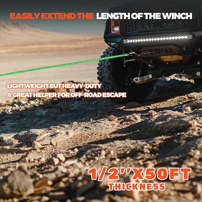 Winch Rope Extension, 1/2'' x 50ft 32,500Lbs Synthetic Winch Extension Rope, Winch Extension Line for Off Road Vehicle ATV UTV SUV Jeep (Green)