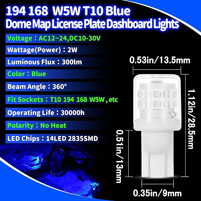 T10 194 912 921 906 2825 LED Bulb Blue 168 T10 Replacement Bulbs for RV Car Dome Map Door Courtesy License Plate Dashboard Lights Lamp 12V,4Pack