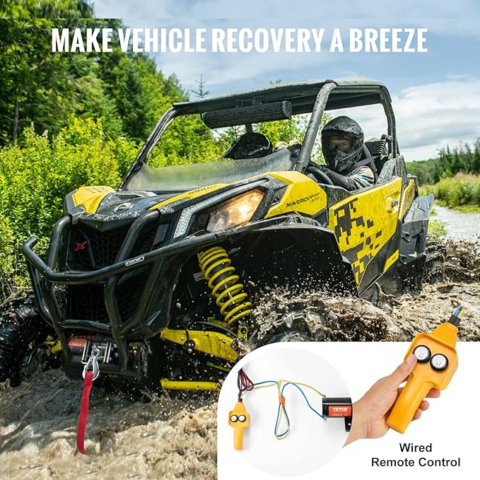 VEVOR ATV Winch, 2000 lb Electric Winch, 12V Small ATV UTV Winch with 5/32 in x 39 ft Steel Cable Roller Fairlead Wired Remote Control, IP55 Waterproof for Towing UTV ATV Car Vehicle Off-Road