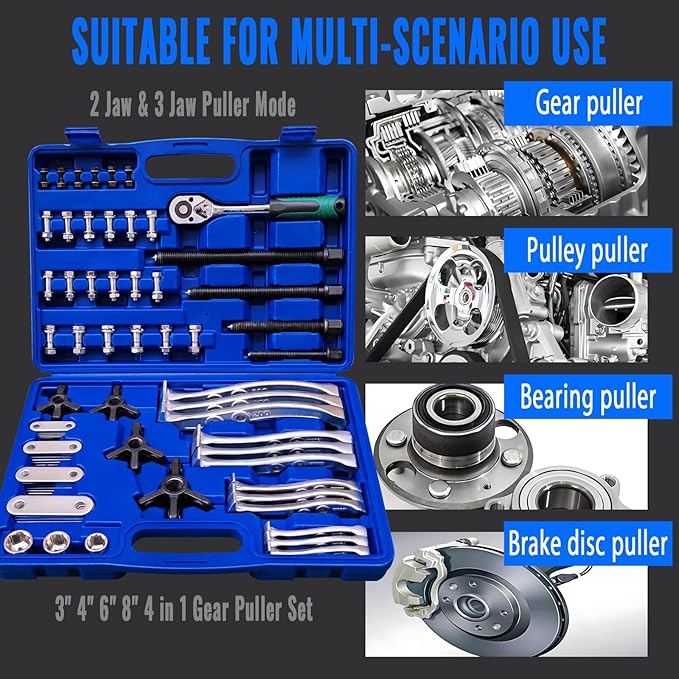 4 in 1 Gear Puller Set,2 Jaw & 3 Jaw Bearing Puller Kit,72pcs 3" 4" 6" 8" Gear Puller with Reversible Jaws,Cr-V Steel Heavy Duty Pulley Puller Tool for Bearing Gear Pulley Flywheel Removal.