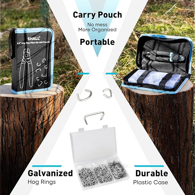 SHALL Hog Ring Pliers Kit with 600pcs Galvanized Hog Rings (3/8’’, 1/2’’, 3/4’’) for Upholstery, Fence, Animal Pet Cages, Bungee Cords, Bagging, Protective Gloves, Storage Case & Bag Included