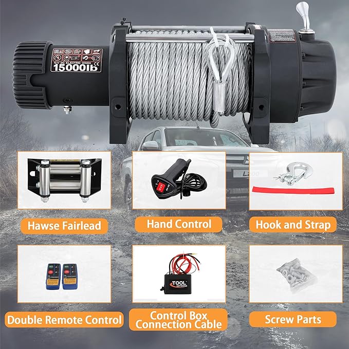 12V 15000LBS Electric Winch Steel Rope Electric Winch for Towing ATV/UTV Off Road with Mounting Bracket Wireless Remote,Black