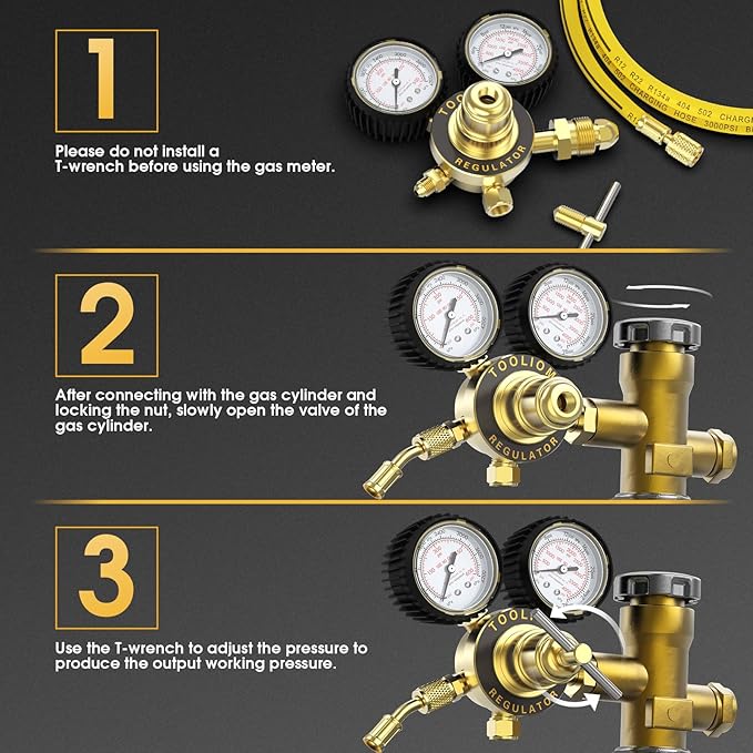 TOOLIOM Nitrogen Regulator with 6' 7" Hose CGA580 Inlet Connection, 0-600 PSI and 0-4000PSI Output Pressure, Heavy-Duty Brass Handle, 1/4'' Male Flare Outlet Connection