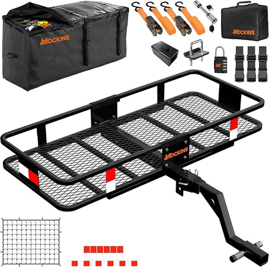 Mockins 6" Raised Shank Folding Luggage Rack 48"x20"x6" & 15 Cu Ft Waterproof Cargo Bag | Heavy-Duty 500 Lbs. Capacity Trailer Hitch Cargo Carrier for SUV Car Truck ATV & More w/Accessories