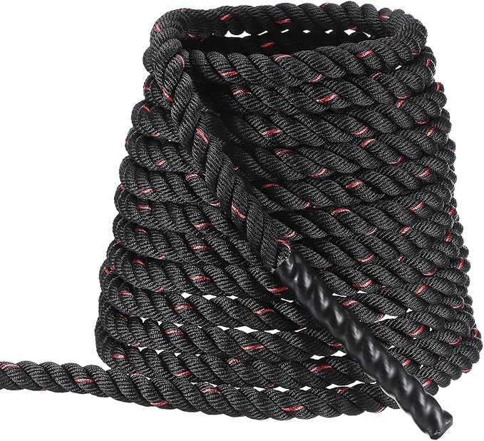 MECCANIXITY Battle Rope 40ft x 1 Inch Polyester Workout Rope Heavy Fitness Exercise Rope for Strength Training Home Gym Muscle Building, Black Red