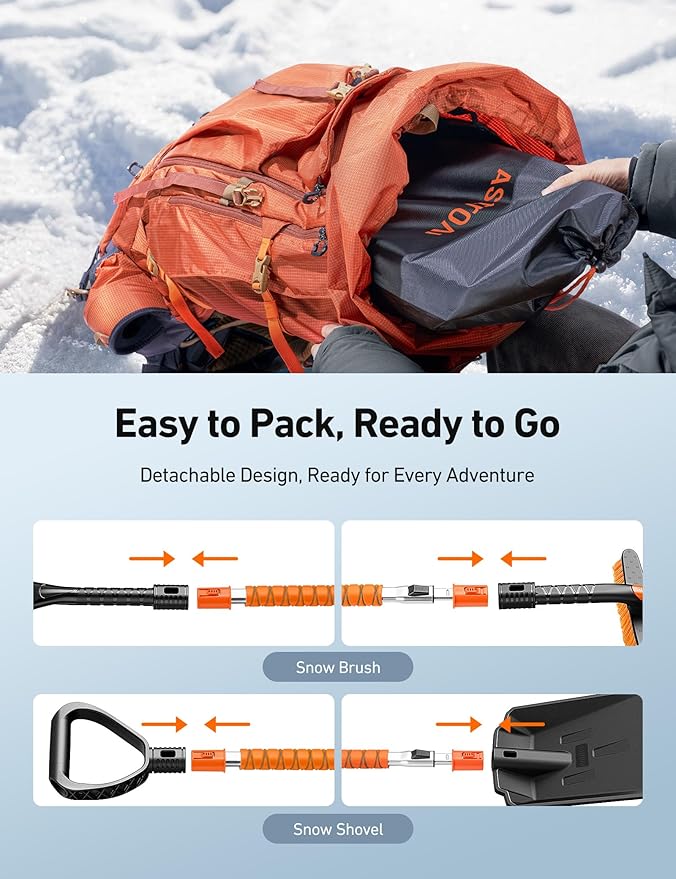 AstroAI 2" 1 Ice Scraper & Snow Shovel Kit, 47.2" Ice Scrapers for Car Windshield and 360° Pivoting Snow Brush, Extendable Snow Shovel with Foam Grip for Car, Trucks, SUVs, Vehicles（Orange）