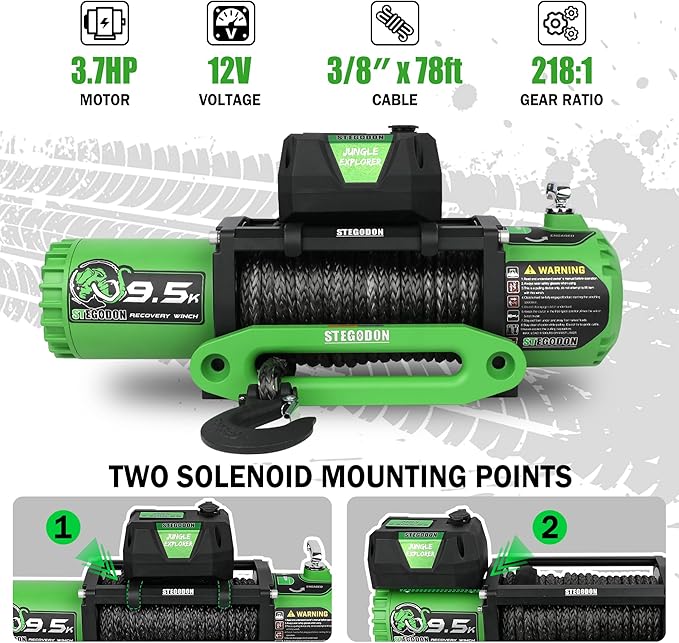 Winch 9500lb Electric Winch 12V Winch with Synthetic Rope Car Trailer Winch with Green Hawse Fairlead Wireless Remote and Wired Handle for Truck SUV Jeep