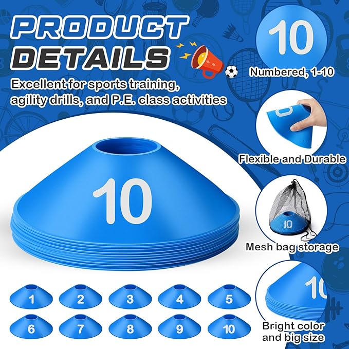 10 Pcs Numbered Sports Disc Cones 1-10 Soccer Cones with Mesh Carry Bag Flexible Agility Cones Soft Field Cones for Gym PE Classes School Activities Games, Sports Training Equipment