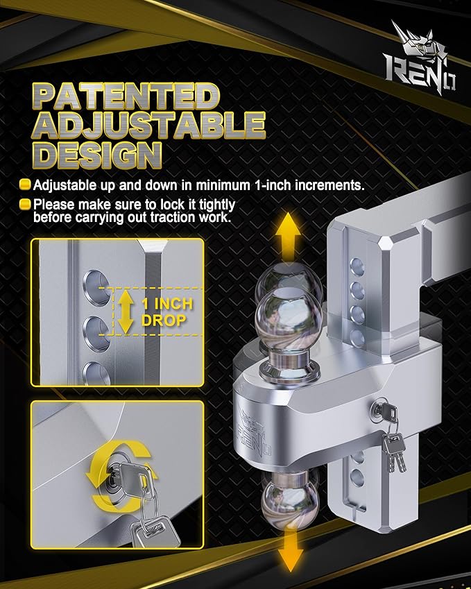RENO Adjustable Trailer Hitch, Fits 2.5 inch Receiver Hitch 8" Rise/Drop Tow Hitch, Heavy Duty 2" & 2-5/16" Ball Hitches with 18,500 LBS GTW (1 Pack, Aluminum)