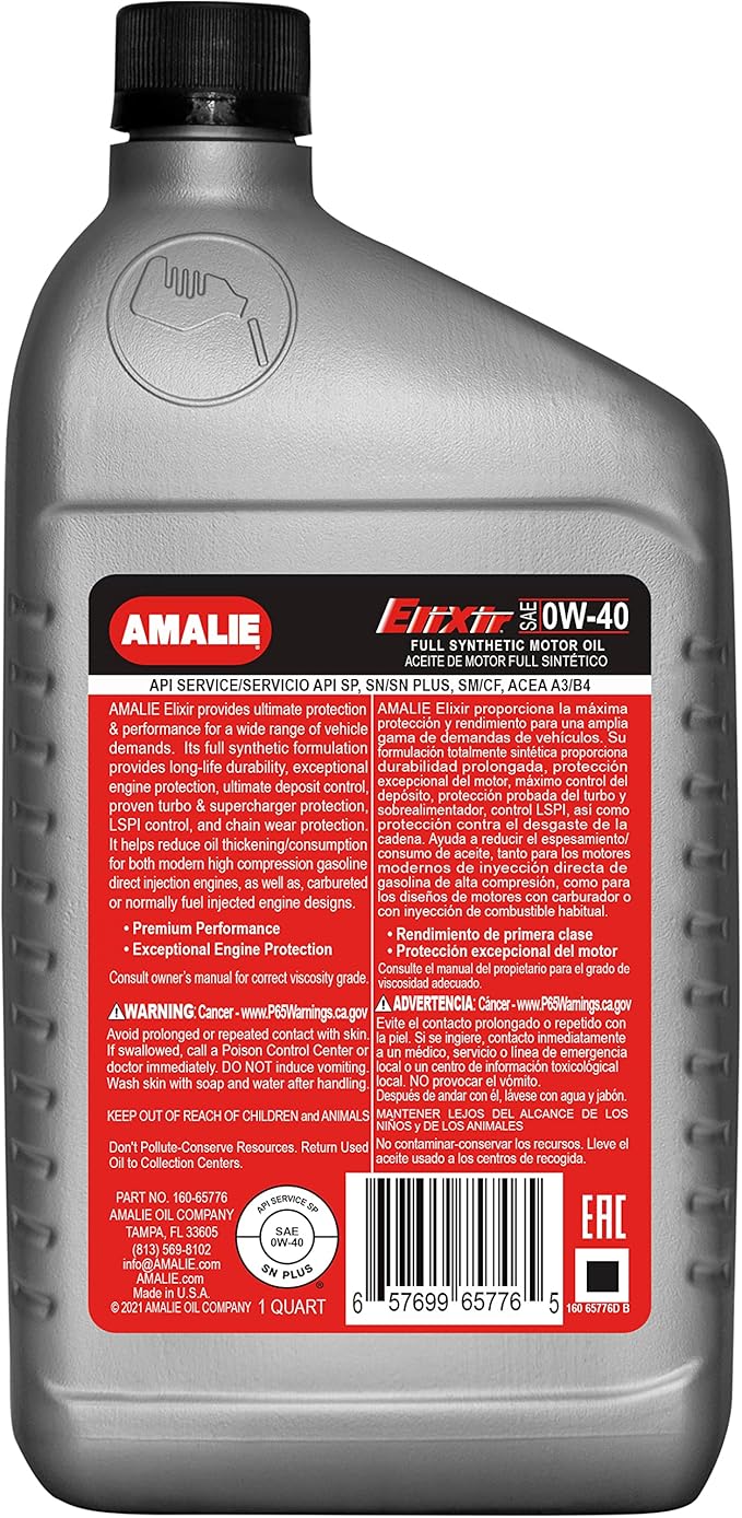 AMALIE Elixir 0W-40 Full Synthetic Motor Oil (160-65776-56) 1 Quart Bottle, Pack of 12 | Made in USA
