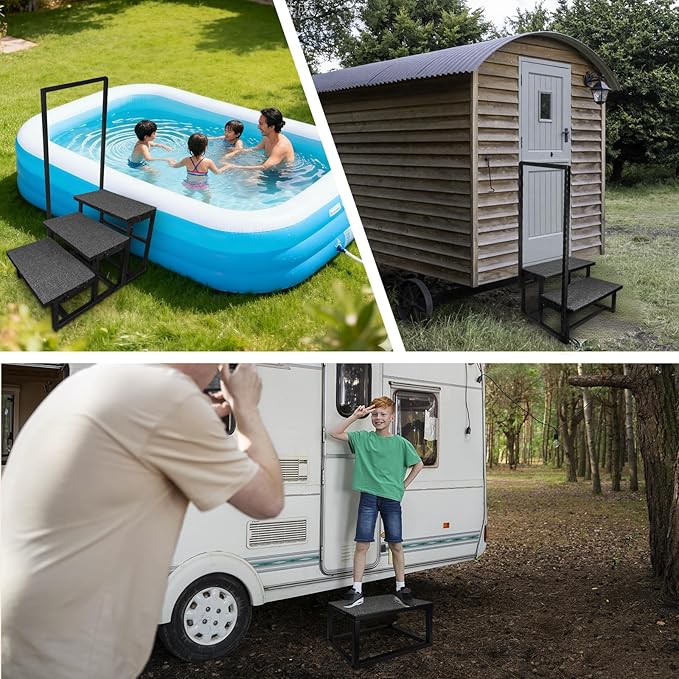 1 Step Stool for RV, Heavy Duty Anti-Slip Step with Dual Cross Beams, Portable Step for Camper, Hot Tub, Trailer, Truck