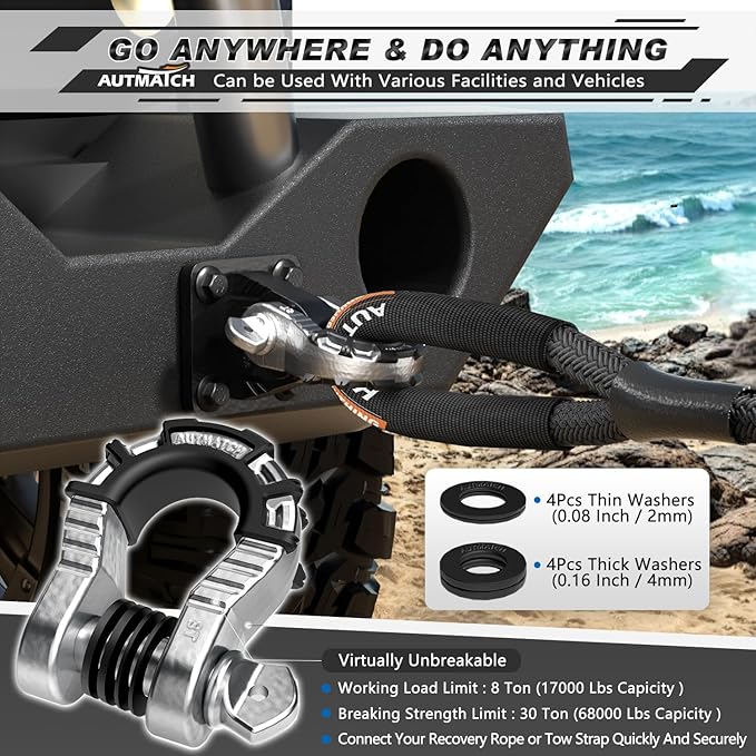 AUTMATCH D Ring Shackles 3/4" Mega Shackle (2 Pack) 68,000Ibs Break Strength - Heavy Duty Clevis Shackles with 7/8" Screw Pin and Isolator Washer for Tow Strap Winch Off Road Vehicle Recovery, Silver